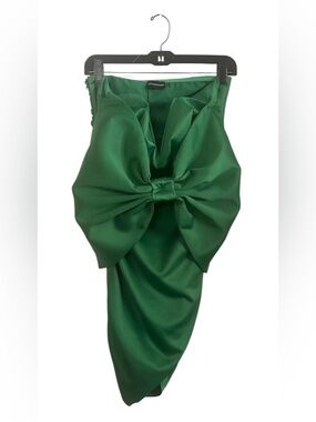 Pretty Little Thing Strapless Satin Bow-Front Green Women's Bodycon Mini Dress